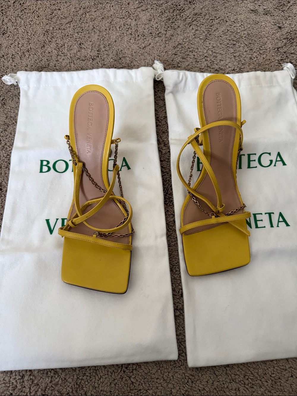Bottega Veneta  Yellow Strappy Square-Toe Heels with Chain Detail